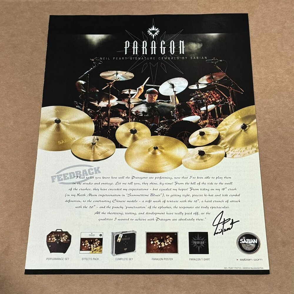 Neil Peart of RUSH - Sabian Cymbals - Paragon - 2004 Print Advertisement